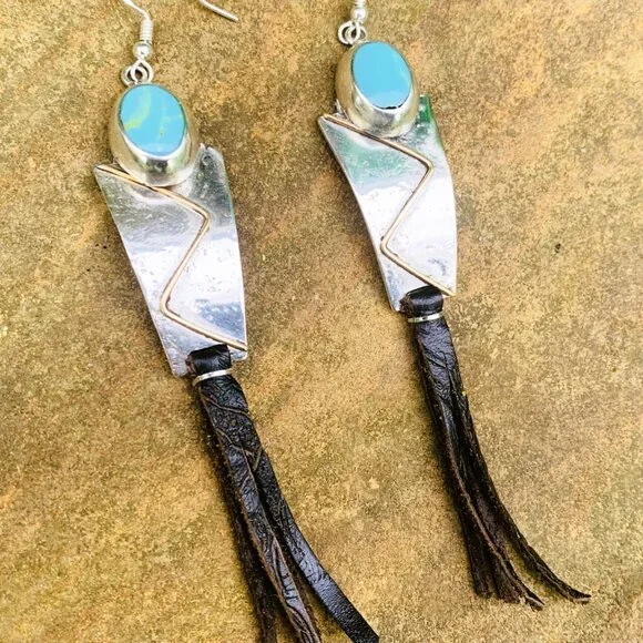 OOAK Sterling Silver/Gold Filled Panels/Oval Turquoise/Leather Tassel Earrings - Picture 3 of 7
